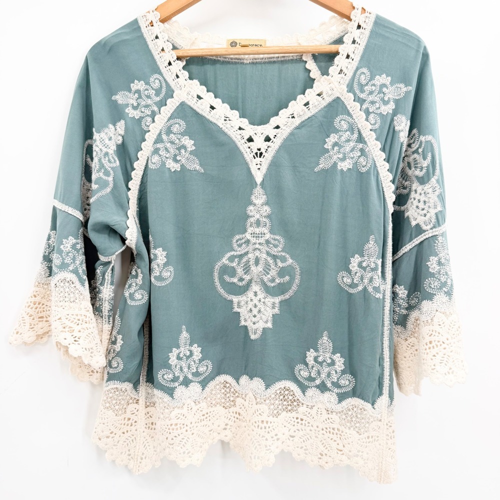 Democracy XS Sage Blue Embroidered Crochet Lace Bell Sleeve Boho Blouse Top
